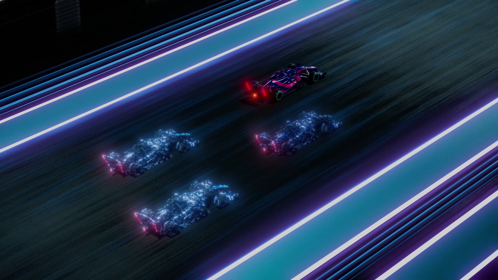 Digital race cars travelling along a neon-lit track