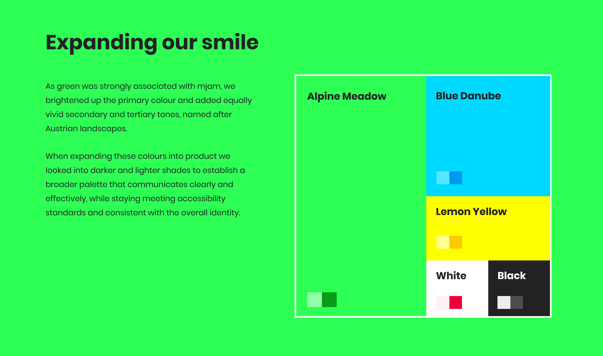 mjam colour palette with green, cyan, yellow, white and black