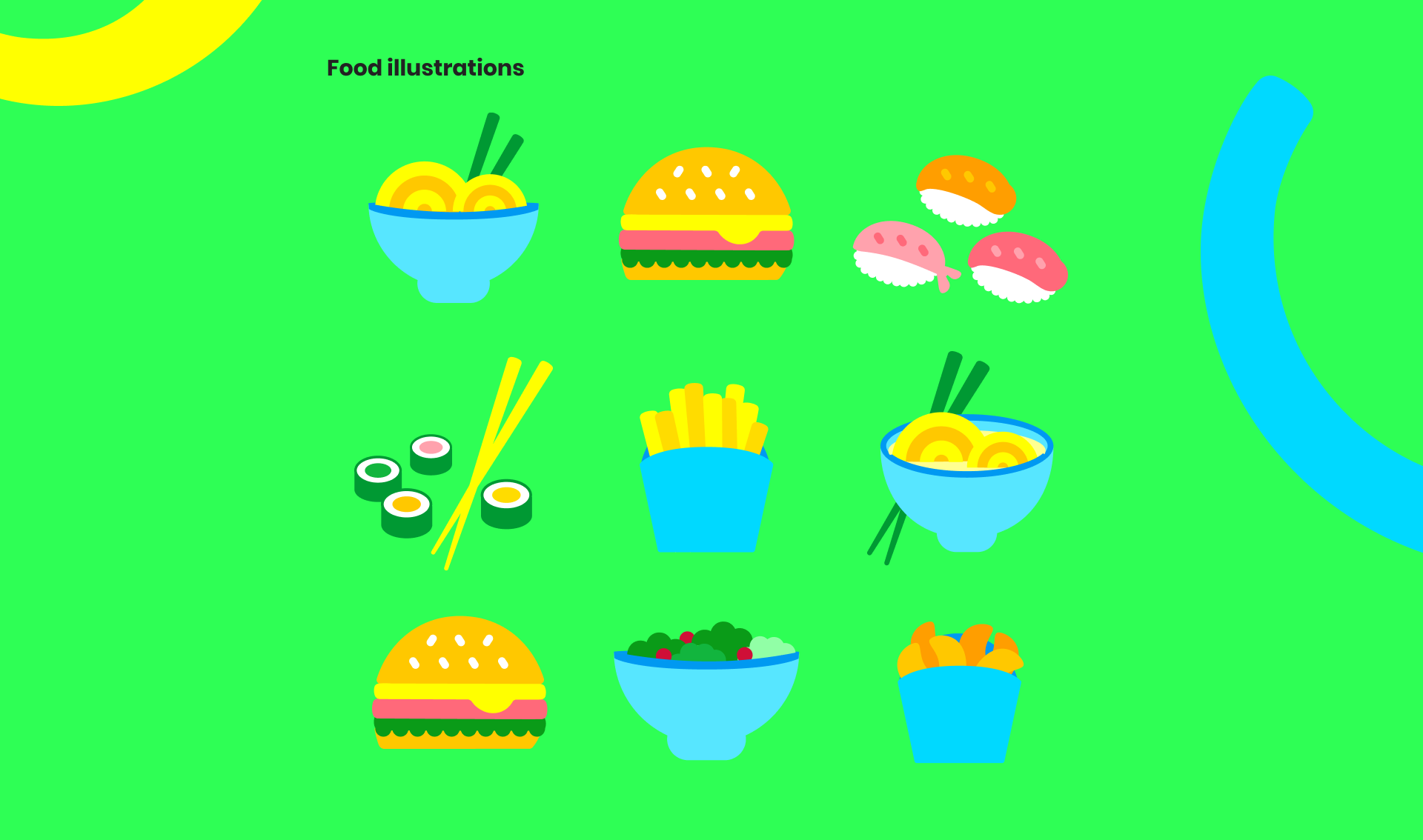 mjam food illustrations of fries, burgers and ingredients