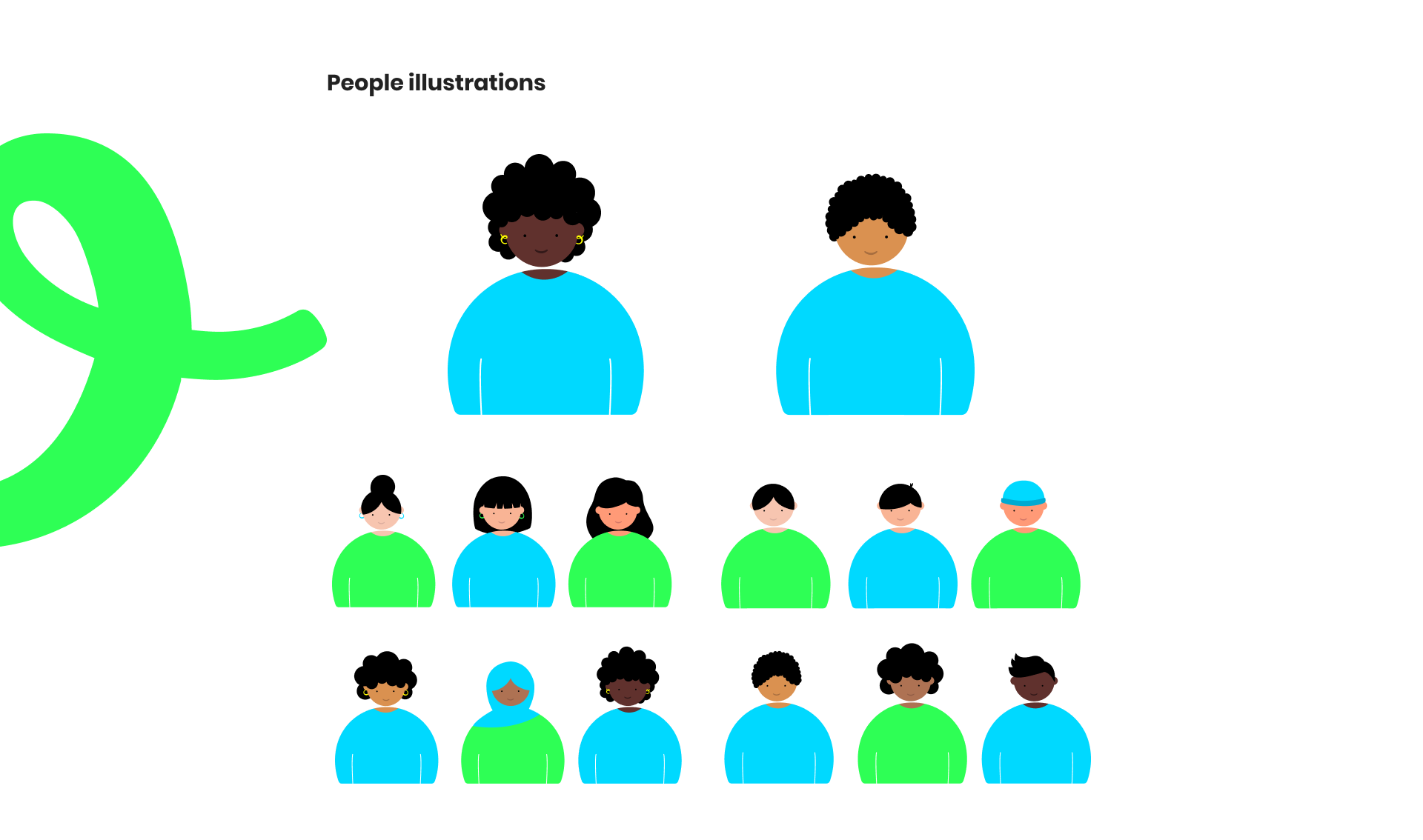 mjam people illustrations in neon green and cyan