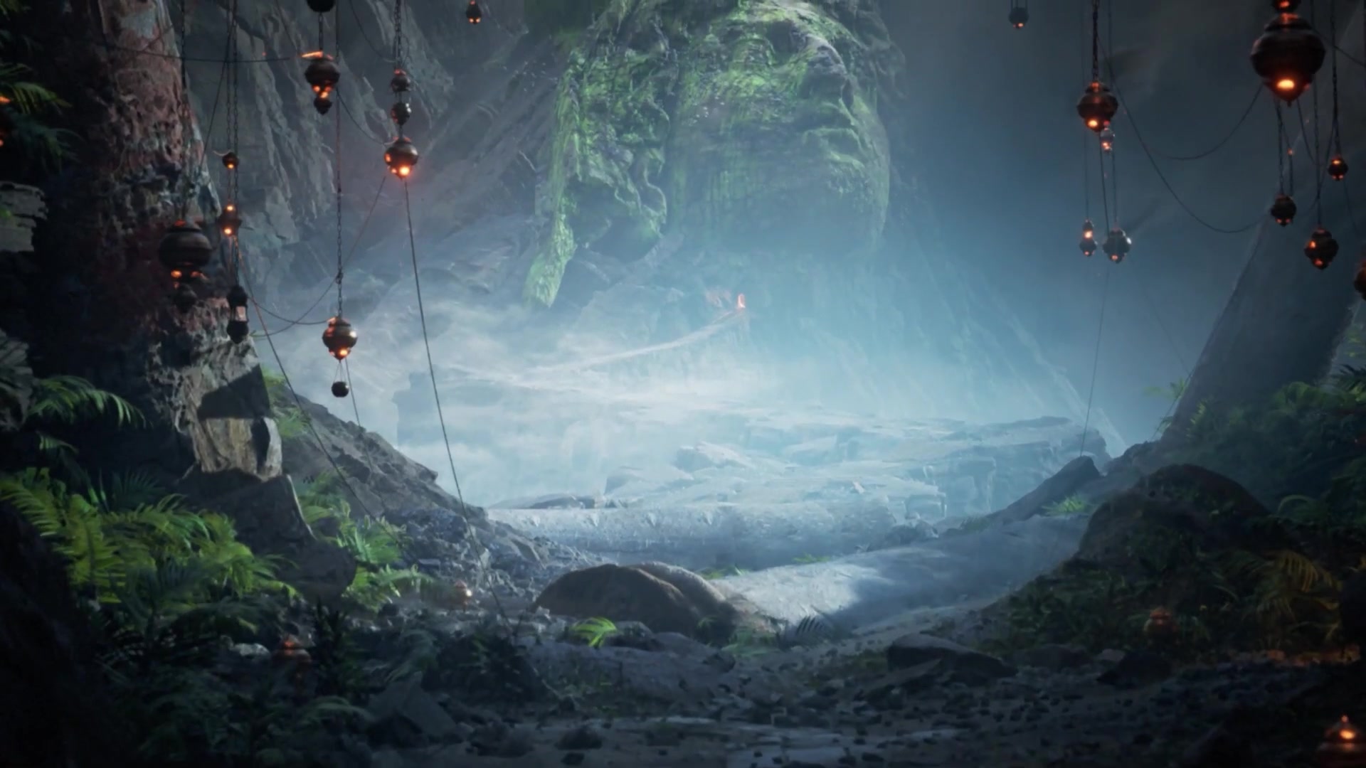 The wide reveal of the hidden sanctum, with hanging lanterns and lush rock walls surrounding a luminous misty opening