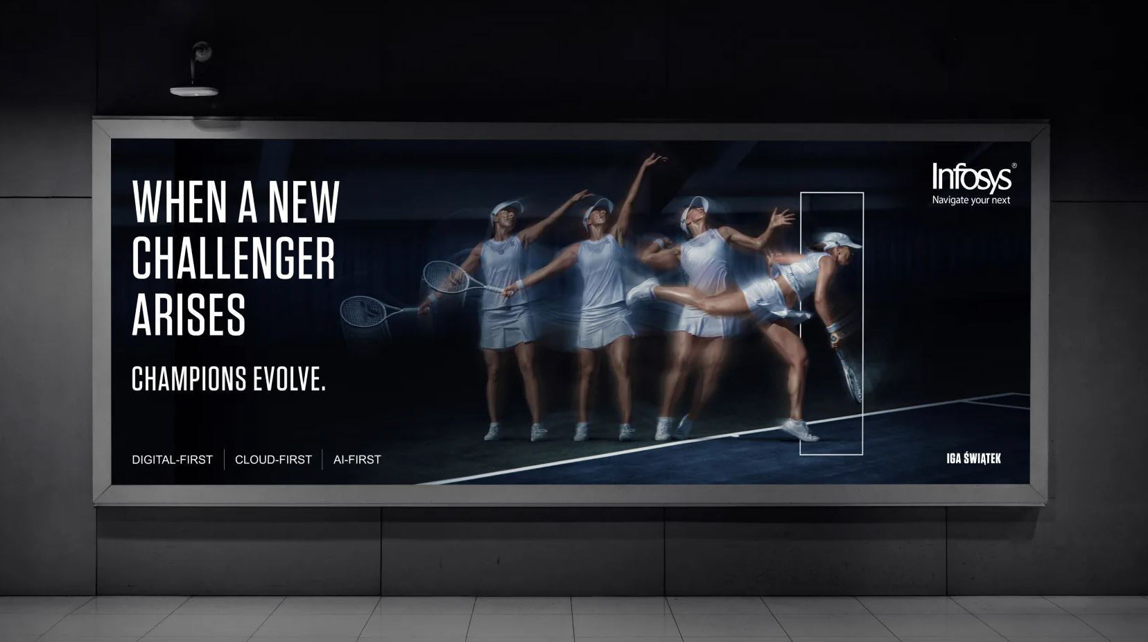 Infosys Champions Evolve campaign displayed on a digital billboard
