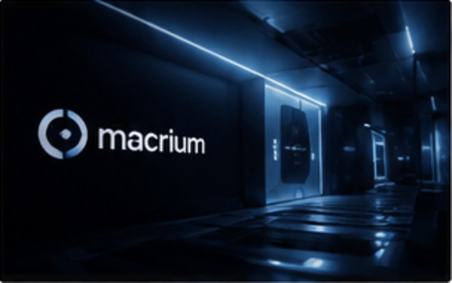 Macrium logo in a dark blue, illuminated 3D corridor