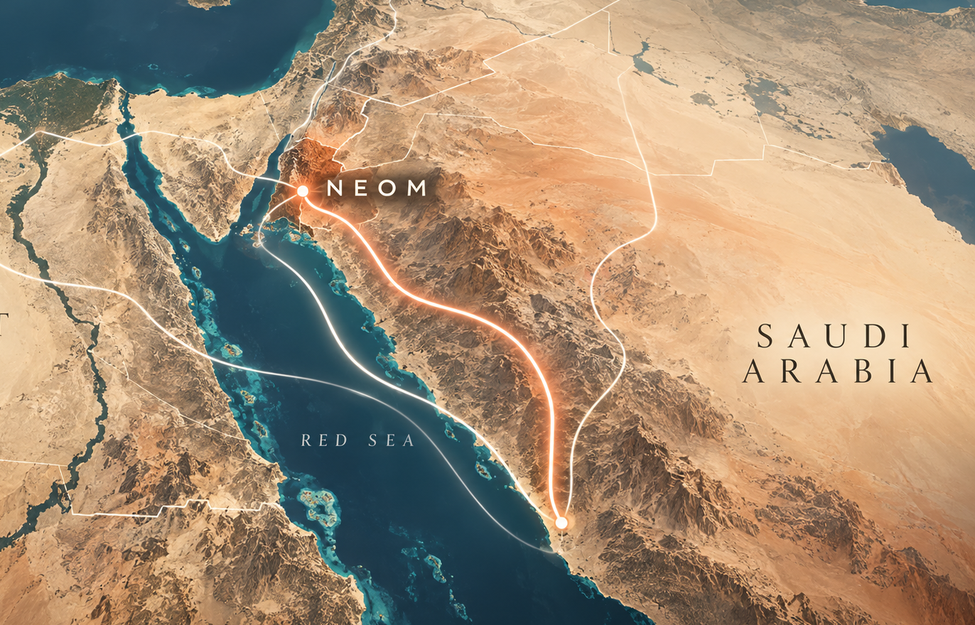 NEOM route map with a glowing path across the desert