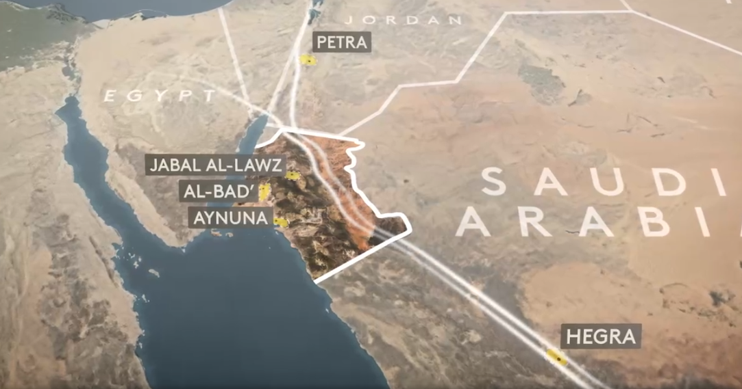 Documentary map showing heritage locations around NEOM