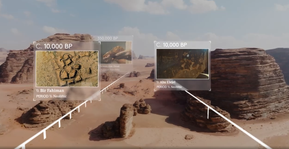 Heritage timeline graphics over a desert landscape