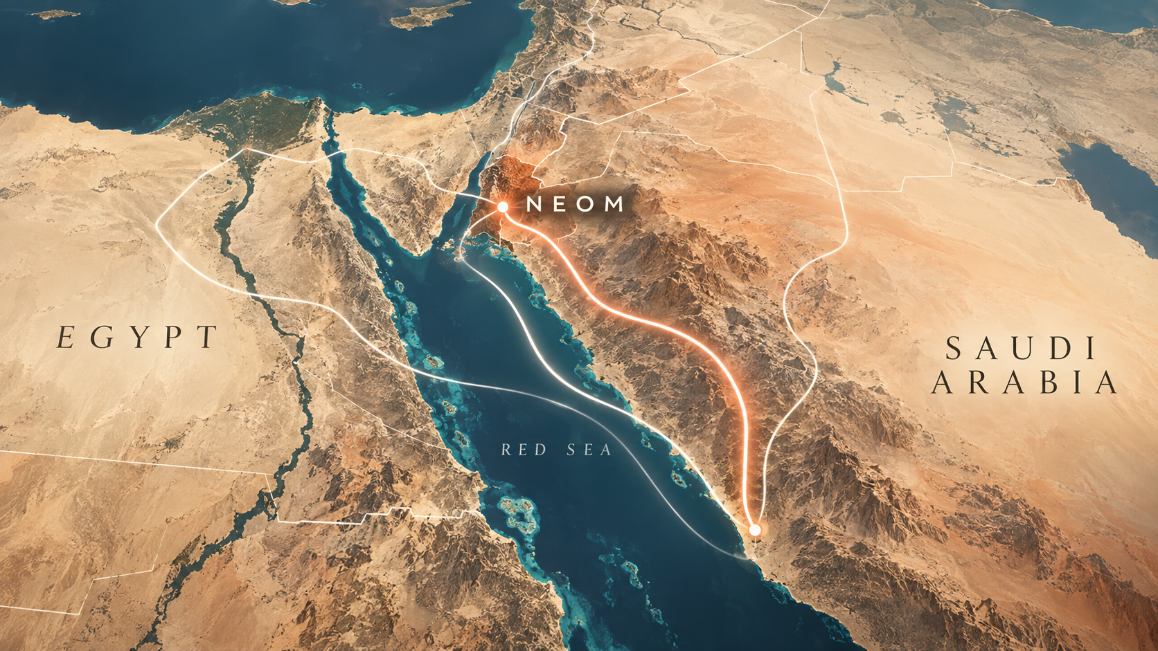 Warm satellite-style map showing routes around NEOM
