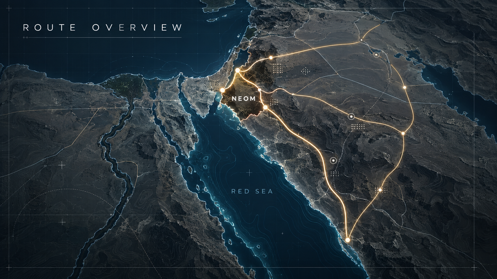 Dark route overview map showing NEOM and illuminated routes
